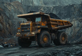 Mining dump truck transporting heavy equipment for black coal extraction in the field