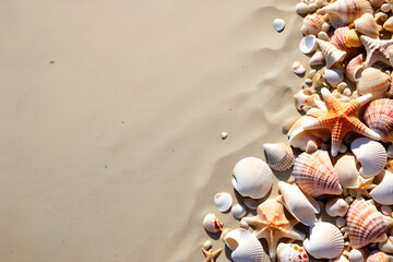 beautiful sea shells on the seashore with room for a product or advertising text