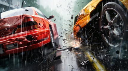 A car crash in a video game with a red car and a yellow car