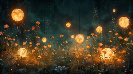 Mystical Midnight Bloom: Oil Painting of Mysterious Garden with Illuminated Orbs and Night Flowers - obrazy, fototapety, plakaty