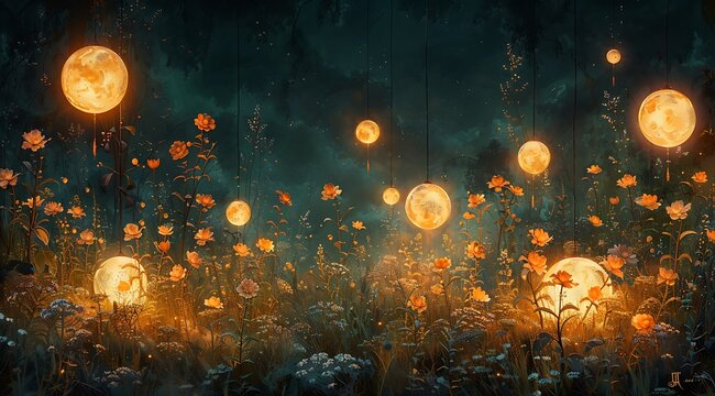 Mystical Midnight Bloom: Oil Painting of Mysterious Garden with Illuminated Orbs and Night Flowers