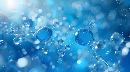 Bright blue bubbles in water with a molecular structure, glassy texture, and light blue hue for design applications such as backgrounds, covers, posters, banners, PPT presentations, KV design, and wal