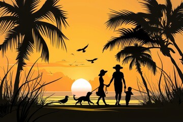 Cartoon cute doodles of a family walking their dog along the beach, with palm trees and seagulls in the background, all in silhouette against the setting sun, Generative AI