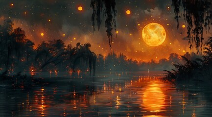 Orb-lit Night Oasis: Oil Painting Illuminating Riverside with Glowing Floating Spheres - obrazy, fototapety, plakaty