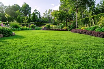 Mowed green lawn with garden shrubs and trees