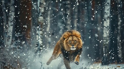 Lion Running In Snow Winter