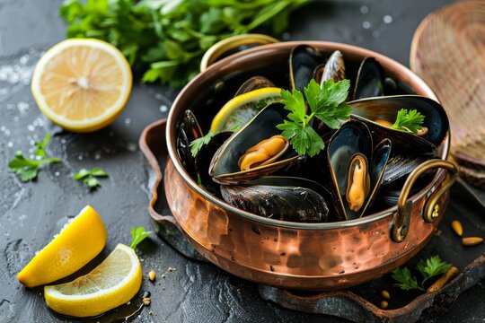 Mussels in copper bowl with lemon and herbs Shellfish seafood Top view