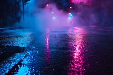 Neon lights searchlight smoke on wet asphalt at night in empty street