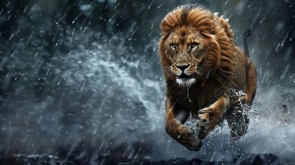 Lion Running From Storm - obrazy, fototapety, plakaty