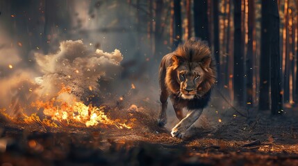 Lion Running From Fire Forest - obrazy, fototapety, plakaty