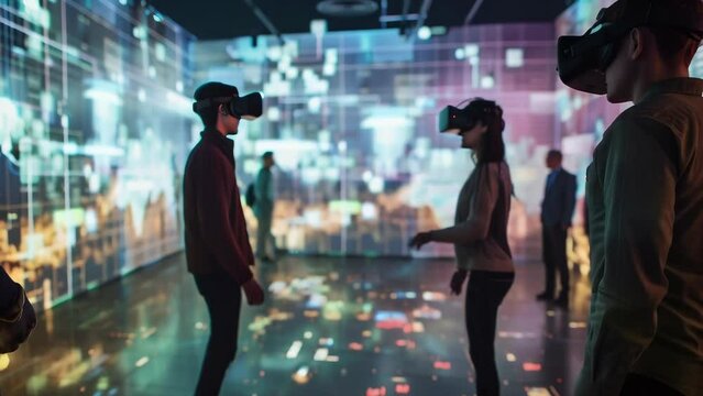 A man wearing a VR headset interacts with a virtual reality exhibit at a museum, surrounded by colorful holographic projections, providing an immersive and educational gaming experience.
