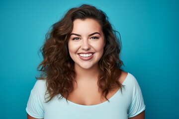 Obraz premium smiling curvy woman looking at camera, standing against blue background, chubby, overweight --ar 6:4 --v 5.2 Job ID: 02167d8e-ee5c-4bf6-b9fa-ca49408d6a8b
