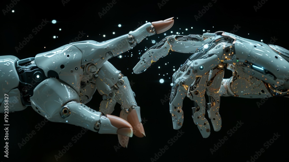 Poster two robotic hands extending towards one another, embellished with intricate details and glowing ligh