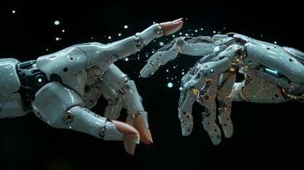 Two robotic hands extending towards one another, embellished with intricate details and glowing lights against a dark backdrop. - 792355827