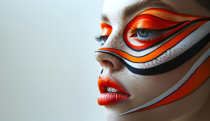 Obraz premium Fashion editorial Concept. Closeup portrait of woman with chiseled features, bold graphic wave streak paint white red orange black makeup. copy text space 