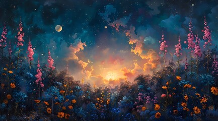Aurora Bloom: Oil Painting Depicting Celestial Harmony in Tranquil Garden