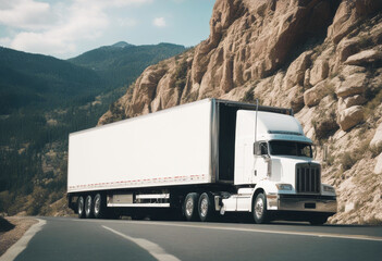 'big white semi goods rig transporting turning truck refrigerated trailer wall road mountain rock hauler freight trucking transportation transport semi-truck grille cargo'