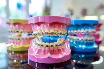 Fototapeta na wymiar Orthodontic model with colorful braces and dentist tool for demonstration