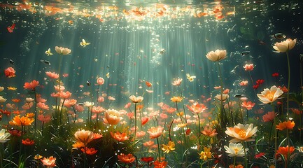 Obraz na płótnie Canvas Submerged Eden: Oil Painting of Serene Underwater Meadow with Floating Butterflies
