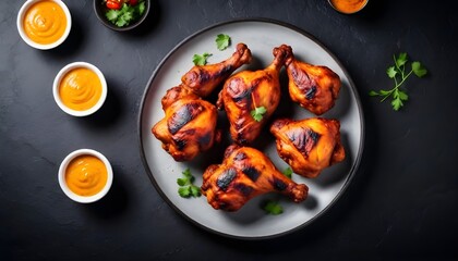 tandoori-chicken-on-plate-over-dark-stone-background--Chicken-legs-marinated-in-yogurt-and-spices--Top-view--flat-lay
