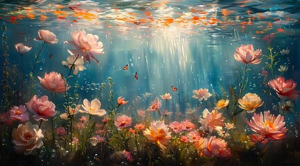 Eden's Embrace: Oil Painting of Delicate Aquatic Flowers in Serene Underwater Setting - obrazy, fototapety, plakaty