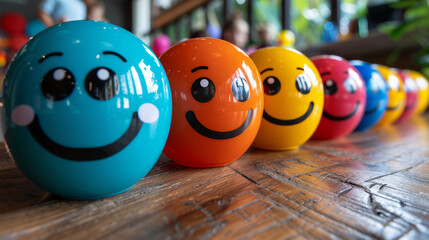 Vibrant lineup of colorful emoticon balls on a wooden table, used for expressing emotions in interactive or educational activities.