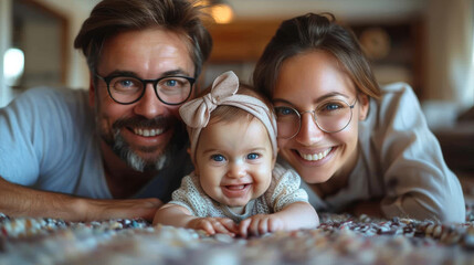 Fototapeta premium Heartwarming family moment with a joyful young couple and their adorable baby girl smiling at the camera, lying on a cozy blanket.