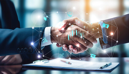 Business relationship, cooperation and investment concept. Handshake close up hand palm with blurred office working space background with business vector icons. - obrazy, fototapety, plakaty