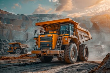 Photo of large yellow mining trucks in action