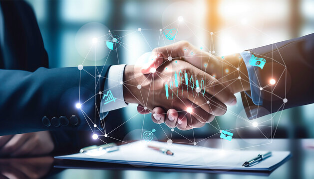 Business relationship, cooperation and investment concept. Handshake close up hand palm with blurred office working space background with business vector icons.