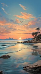 Serene beach scene at sunset with calm waters and soft pastel skies, providing a peaceful backdrop for wellness and travel advertisements