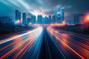 Highway overpass with city background