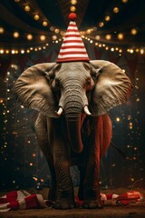 Circus elephant under big top striped hat