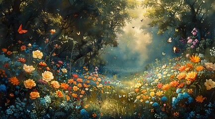 Fantasy Meadow Magic: Oil Painting of Playful Creatures Amidst Wildflowers