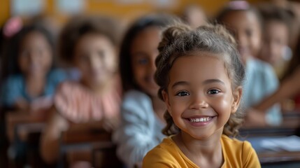 Education and child development Little girl smiling while sitting in class and fellow students