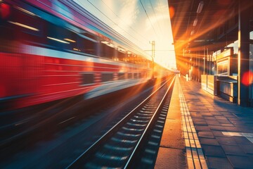 Fototapeta na wymiar Stunning train station with modern red high speed commuter train at sunset vintage style Travel by rail