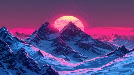 Gardinen Retro purple pink snow mountain illustration poster background © jinzhen