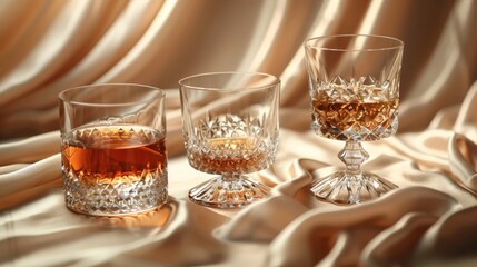 Elegant crystal glasses of rose wine and whiskey sat on a table covered with a simple silk tablecloth.