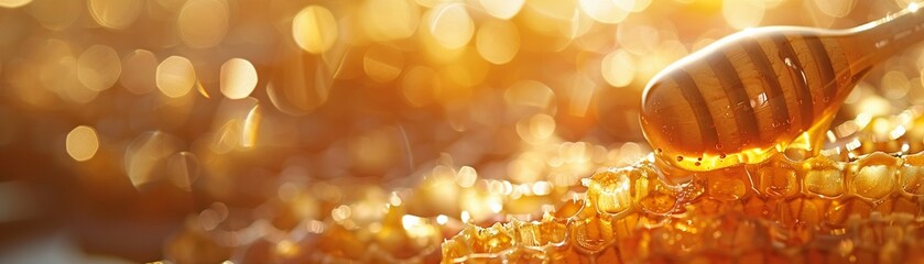 Honey drizzling on comb golden warm light - obrazy, fototapety, plakaty