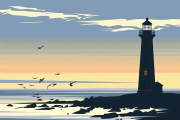 Cartoon cute doodles of a lone lighthouse on the coast, with the silhouette of the structure standing tall against the backdrop of the evening sky, Generative AI