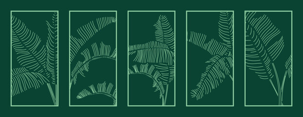 Green banana leaf pattern vector collection. Laser cut with line design pattern. Design for wood carving, wall panel decor, metal cutting, wall arts, cover background, wallpaper and banner.