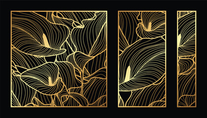 Gold anthurium flower pattern vector collection. Laser cut with line design pattern. Design for wood carving, wall panel decor, metal cutting, wall arts, cover background, wallpaper and banner.