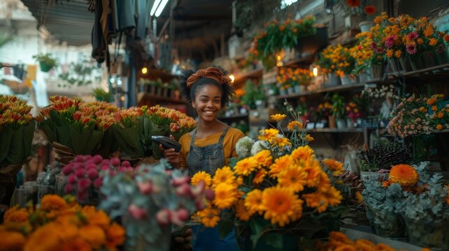 Young african american florist processes a transaction with a card reader surrounded by colorful blooms in a lively flower shop setting.