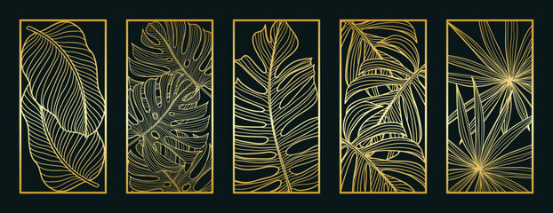 Gold foliage line art pattern vector collection. Laser cut with line design pattern. Design for wood carving, wall panel decor, metal cutting, wall arts, cover background, wallpaper and banner. - obrazy, fototapety, plakaty