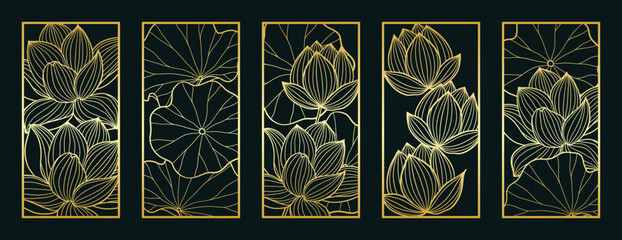 Gold lotus flower line art pattern vector collection. Laser cut with line design pattern. Design for wood carving, wall panel decor, metal cutting, wall arts, cover background, wallpaper and banner.