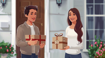 Illustration of a happy woman receiving a package from a cheerful delivery man at her home, capturing a moment of friendly interaction.