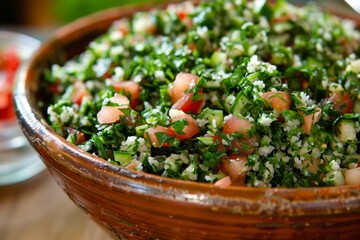 Naklejka premium Tabbouleh salad Lebanese appetizers in Mediterranean cuisine