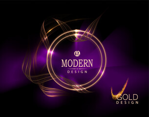 Isolated golden round frame with purple spot on black background.