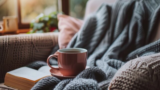Closeup of a cozy reading nook with a blanket cup of tea and book club selection within reach. This personal space represents the escape and break from the constant news and anxietyinducing .