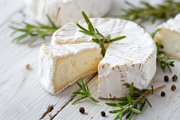 Tasty goat cheese slices on white wood